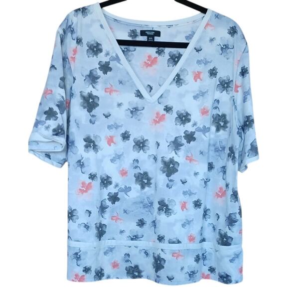 Simply Vera Vera Wang Blue Gray Floral V Neck Boxy T-Shirt Women's XXL Stretchy - Picture 1 of 7